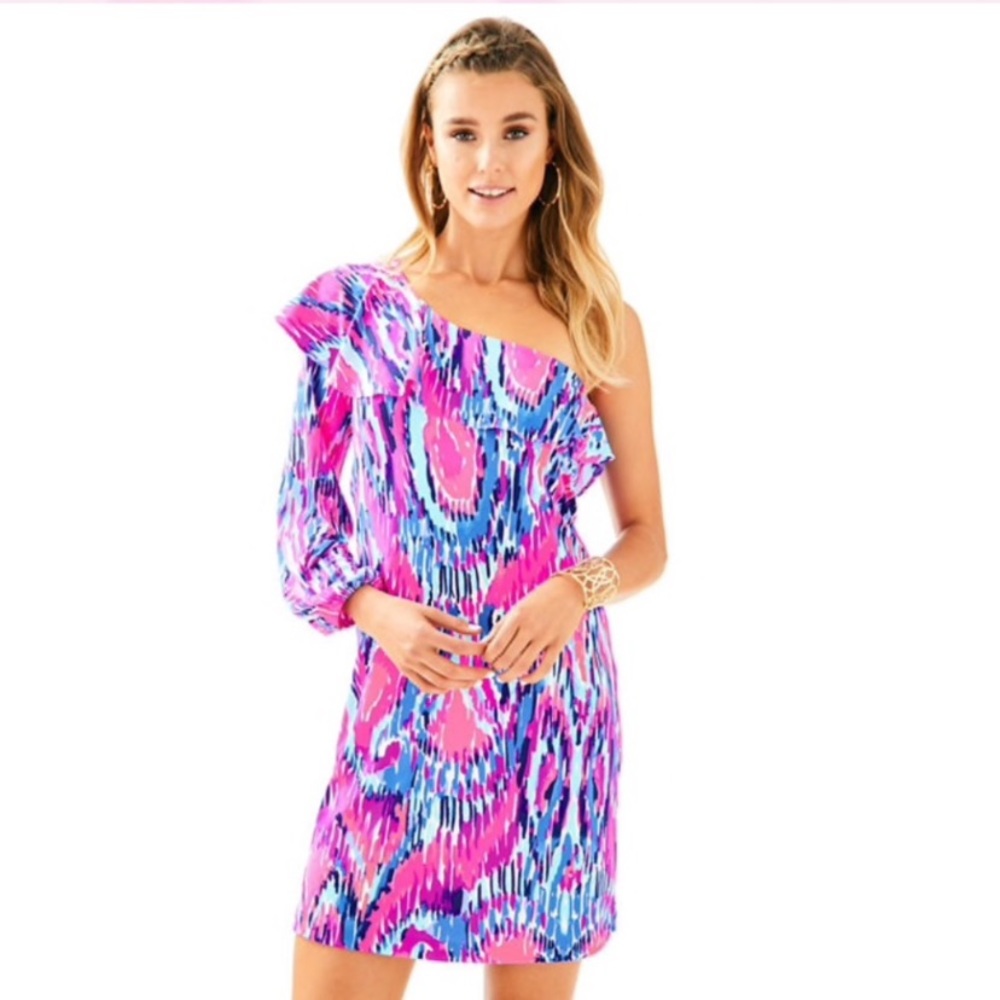 Lilly Pulitzer Asymmetrical Pink and Blue Ruffled Sundress